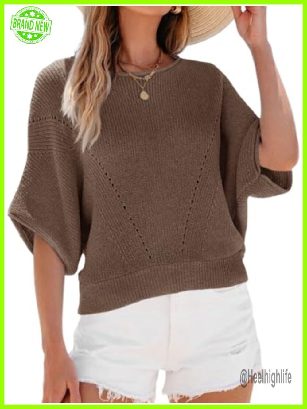 Womens Crochet Knit Sweater Top Batwing Short Sleeve Crew Neck Pullover